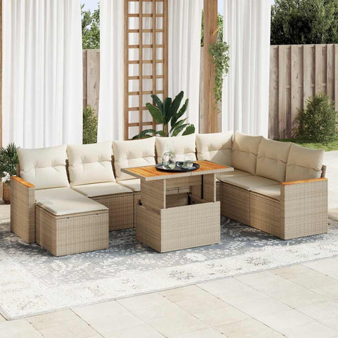 ZNTS 9 Piece Garden Sofa Set with Cushions Beige Poly Rattan Acacia 3327523