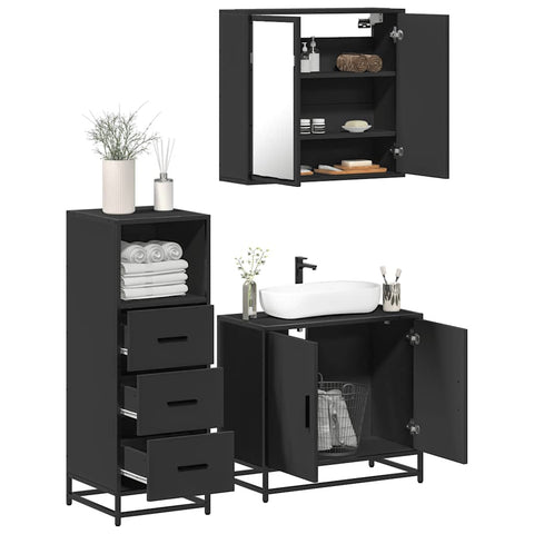 ZNTS 3 Piece Bathroom Furniture Set Black Engineered Wood 3301005