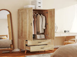 2 Door Wardrobe, Modern Wardrobe with 2 Drawer and Hanging Rail for Bedroom, Natural T3398P378726