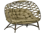 2 Seater Egg Chair Outdoor, Folding Weave Garden Furniture Chair with Cushion, Cup Pockets - Khaki T3398P328387