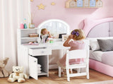 Kids Vanity Table and Chair Set, Girls Dressing Table with 2-Colour LED Mirror, Stool, Cabinet, T3398P552692