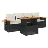 5 Piece Garden Sofa Set with Cushions Black Poly Rattan Acacia 3327542