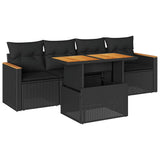 5 Piece Garden Sofa Set with Cushions Black Poly Rattan Acacia 3327429