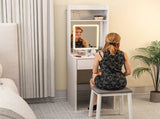 Small Vanity Desk with Mirror LED Lights, Compact Dressing Table with Drop Leaf, Open Shelves T3398P378102