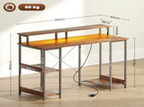 LED Computer Desk, with Power Outlets and Shelves - Rustic Brown T3398P328319