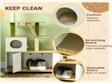 2-in-1 Hidden Cat Litter Box, Green Leaf Cat Tree, with House, Ladder, Scratching Posts, Platforms, T3398P349990