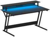 Gaming Desk with LED Lights Power Outlets, 100 x 60cm Z Shaped Computer Desk with Monitor Stand T3398P344330