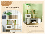 2-in-1 Hidden Cat Litter Box, Green Leaf Cat Tree, with House, Ladder, Scratching Posts, Platforms, T3398P349990