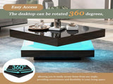 Black Square High Gloss Coffee Table with 360&deg Rotating Top, Tea Table with LED light, 70x70x36 WF324655BAA