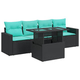 5 Piece Garden Sofa Set with Cushions Black Poly Rattan Acacia 3326238