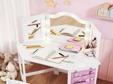 Kids Dressing Table and Stool Set, Girls Vanity Table with 2-Colour LED Lights, Tri-Folding Mirror, T3398P422151