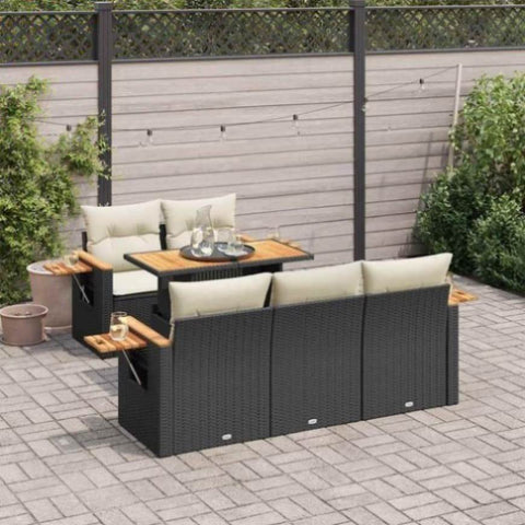 ZNTS 6 Piece Garden Sofa Set with Cushions Black Poly Rattan Acacia 3327549