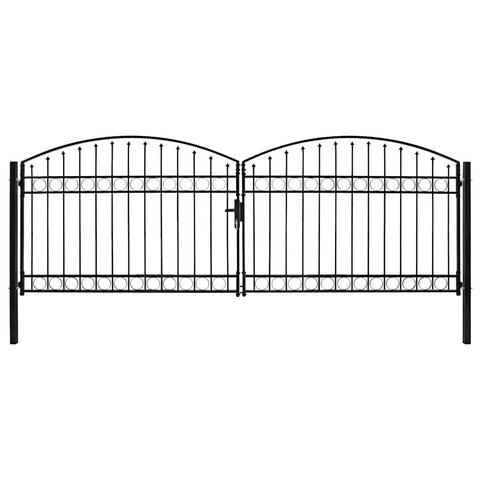 Fence Gate Double Door with Arched Top Steel 400x125 cm Black 143093