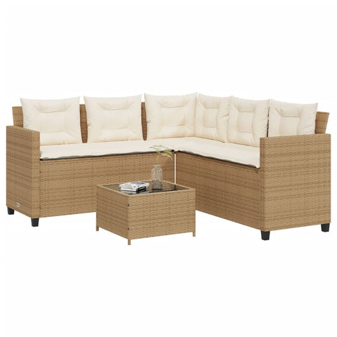 ZNTS Garden Sofa with Table and Cushions L-Shaped Beige Poly Rattan 369043