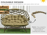 2 Seater Egg Chair Outdoor, Folding Weave Garden Furniture Chair with Cushion, Cup Pockets - Khaki T3398P328387