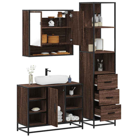 ZNTS 3 Piece Bathroom Furniture Set Brown Oak Engineered Wood 3301184