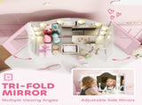 Kids Dressing Table and Stool Set, Girls Vanity Table with 2-Colour LED Lights, Tri-Folding Mirror, T3398P422151