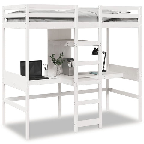 ZNTS Loft Bed Frame with Desk and Shelves White 90x200cm Solid Wood Pine 3308542