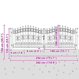 Fence Gate with Spear Top with Lock Grey 305 x 100 cm Steel 42009043