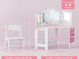 Kids Dressing Table and Stool Set, Girls Vanity Table with 2-Colour LED Lights, Tri-Folding Mirror, T3398P422151
