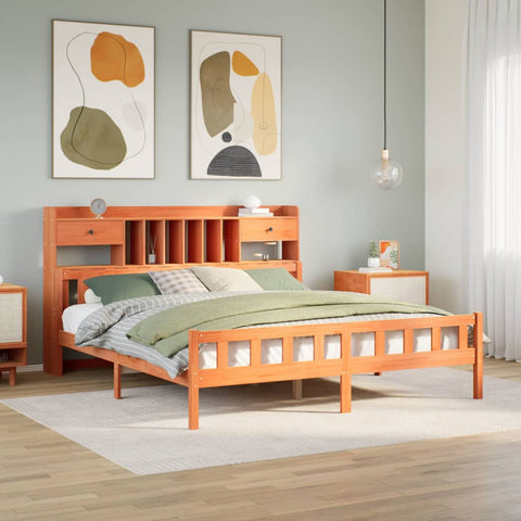 ZNTS Bookcase Bed without Mattress Wax Brown 180x200 cm Super King Solid Wood Pine 3322193