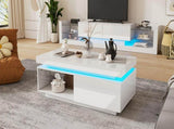 High Glossy LED Coffee Table with Drawer Storage, Wooden Centre Table with RGB Led Lights Rectangle N605P272209W