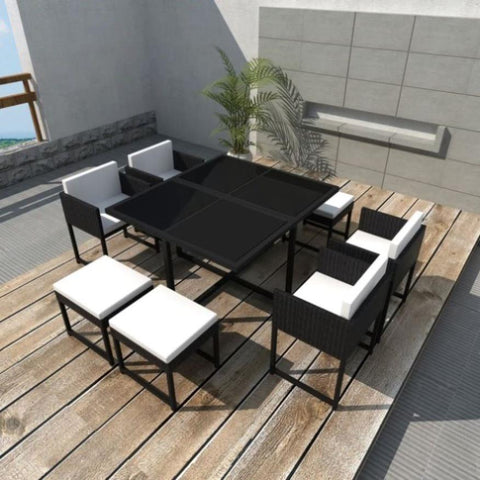9 Piece Outdoor Dining Set with Cushions Poly Rattan Black 42762