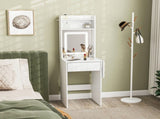 Small Vanity Desk with Mirror LED Lights, Compact Dressing Table with Drop Leaf, Open Shelves T3398P378102
