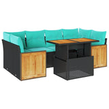 7 Piece Garden Sofa Set with Cushions Black Poly Rattan Acacia 3327676