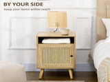 Bedside Table with Rattan Element, Side End Table with Shelf and Cupboard, 39cmx35cmx60cm, Set of 2, T3398P330465