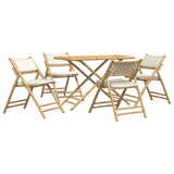 ZNTS 5 Piece Folding Bistro set with Cream White Cushions Bamboo 3208935