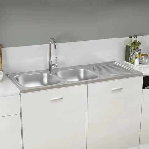 Kitchen Sink with Double Sinks Silver 1200x600x155 mm Stainless Steel 147239