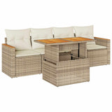 5 Piece Garden Sofa Set with Cushions Beige Poly Rattan Acacia 3327432