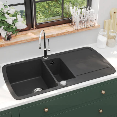 ZNTS Granite Kitchen Sink Double Basin Black 142946