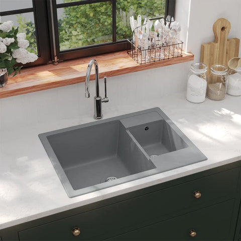 Kitchen Sink with Overflow Hole Double Basins Grey Granite 147086