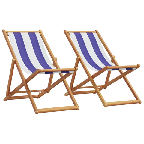 ZNTS Folding Beach Chairs 2 pcs Blue and White Fabric and Solid Wood 3214501