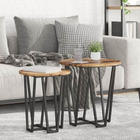 ZNTS Side Table Set - 2 Pieces, Rustic Wood Look, Metal Base 869724