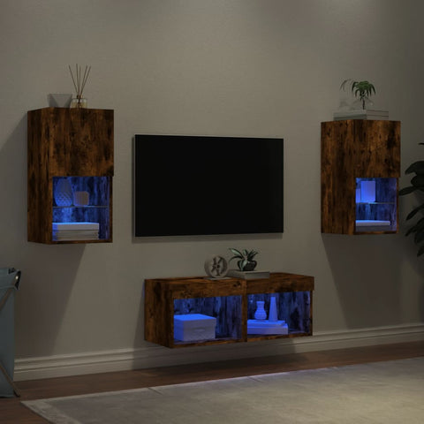 4 Piece TV Wall Cabinets with LED Lights Smoked Oak 3216573