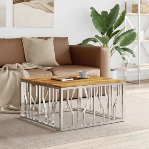 ZNTS Coffee Table Silver Stainless Steel and Solid Wood Acacia 350063