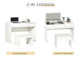 Makeup Desk with Drawer, Vanity Table Set with Flip-up Mirror and Cushioned Stool, White T3398P342982