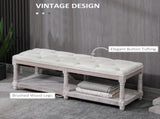 2-Tier Bed End Bench, Vintage Stool, Wooden Window Seat with Storage Shelf, Button Tufted T3398P344378