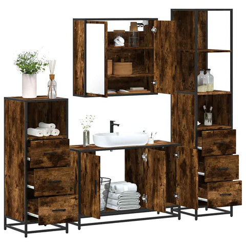 ZNTS 4 Piece Bathroom Furniture Set Smoked Oak Engineered Wood 3301252