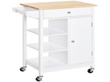 Kitchen Trolley, Kitchen Island on Wheels, w/ Wood Top, 3 Shelves and Storage Cupboard, White T3398P341326