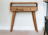 Solid Wood Mini Curved Oak-ish Console Table, 2 Drawers and Open Slot, Brown B2743P402987