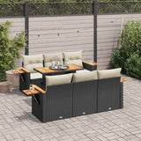 7 Piece Garden Sofa Set with Cushions Black Poly Rattan Acacia 3327556