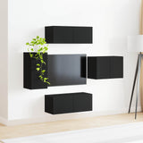 TV Wall Cabinet Set Wall-mounted 4 pcs Black Engineered Wood 3408935
