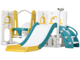 6-in-1 Swing and Slide Set, Kids Playground with Basketball Hoop, Telescope, Storage Space - Yellow T3398P422178