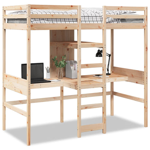 ZNTS Loft Bed Frame with Desk and Shelves 90x200cm Solid Wood Pine 3308541