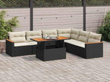 7 Piece Garden Sofa Set with Cushions Black Poly Rattan Acacia 3327493