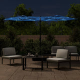 Double-Head Garden Parasol with LEDs Azure Blue 316x145 cm 362976